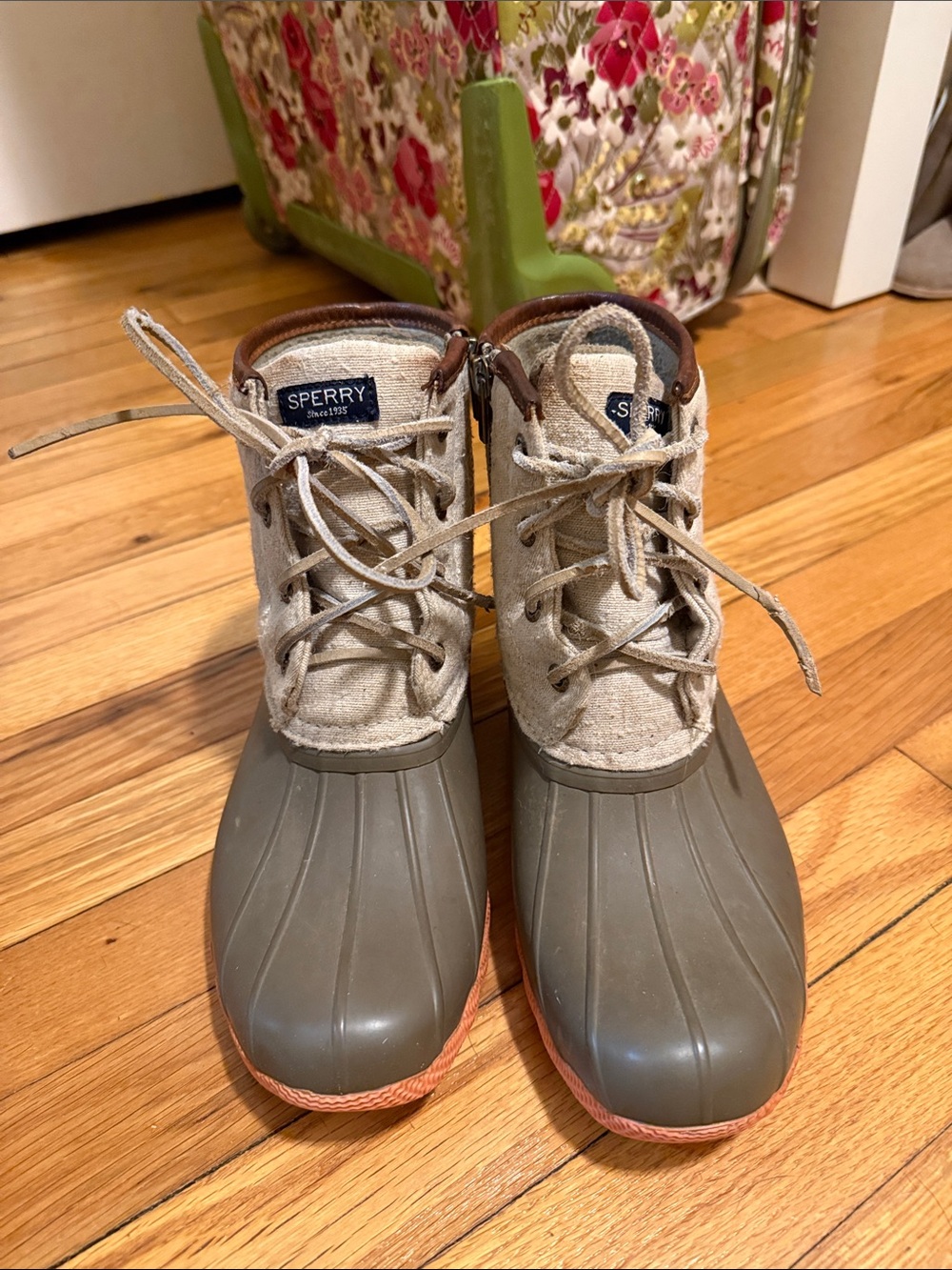 Sperry Olive and Tan Duck Boots with Salmon Soles